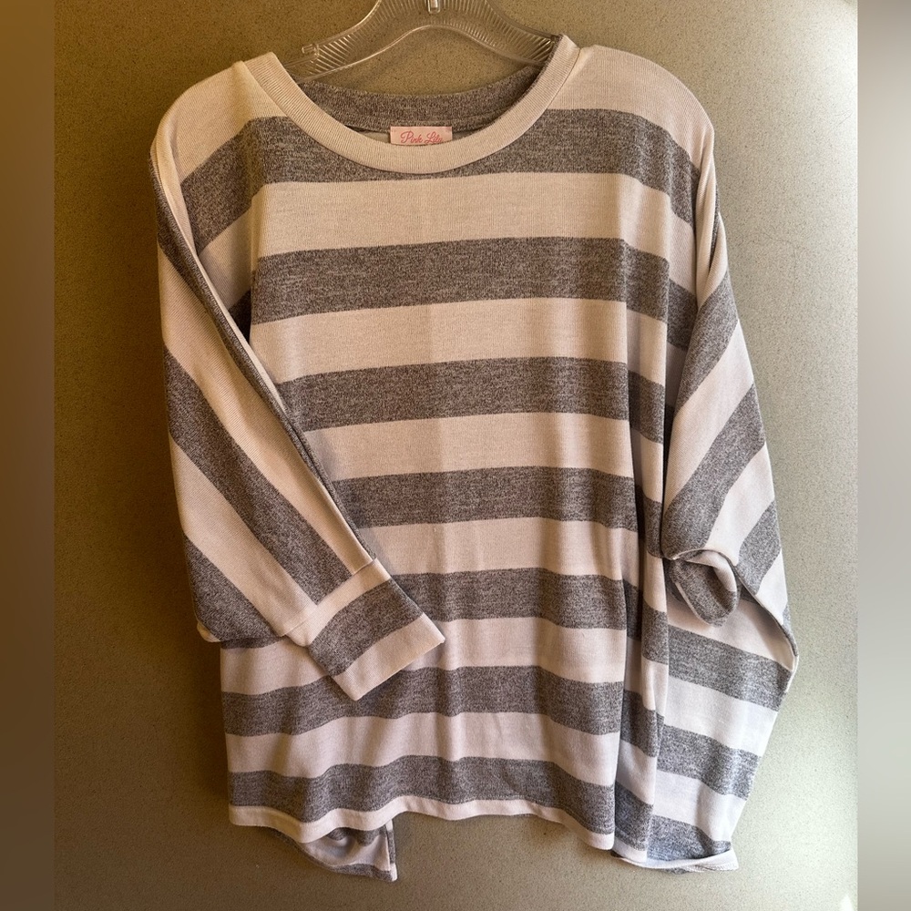 Pink Lily Oversized Gray and White Striped Long Sleeve Tee